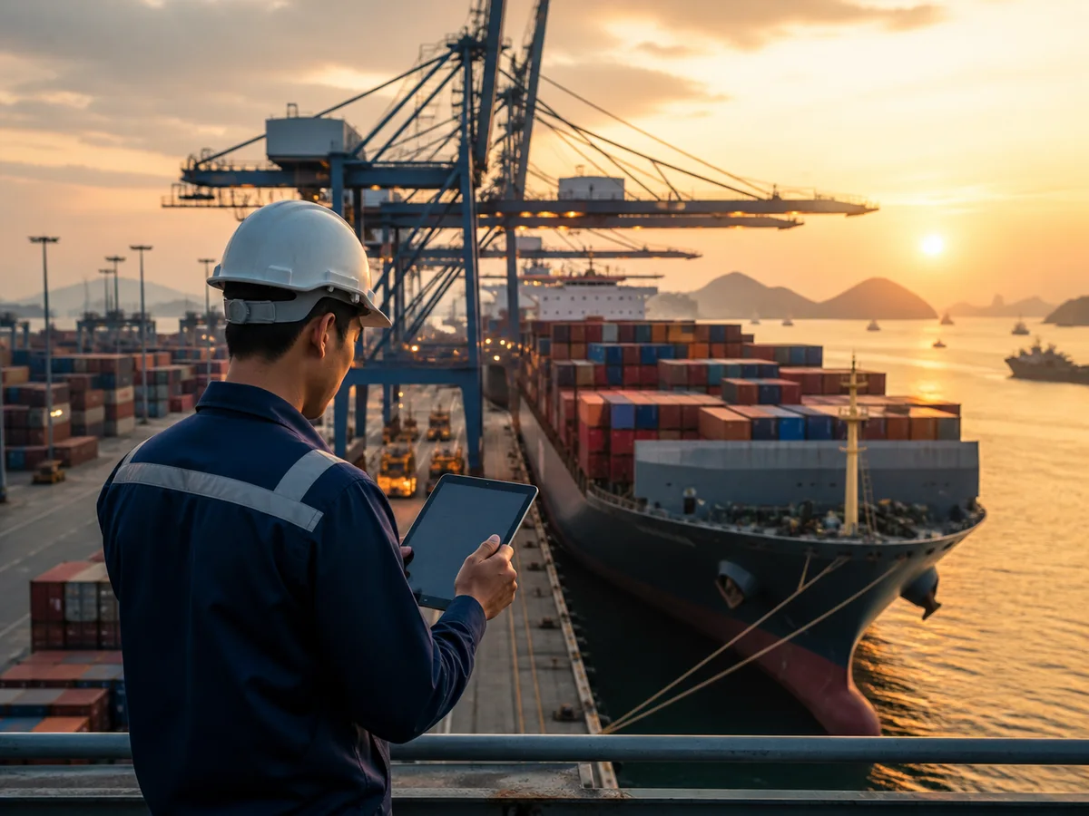 Profesional coordinando una operación logística en un puerto de contenedores